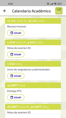 Pantalla Calendario